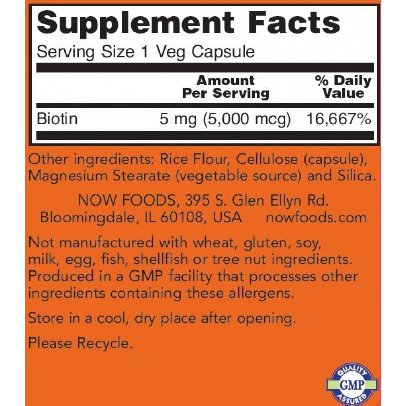 NOW BIOTIN  5000 MCG 60 VEG CAPS view 2